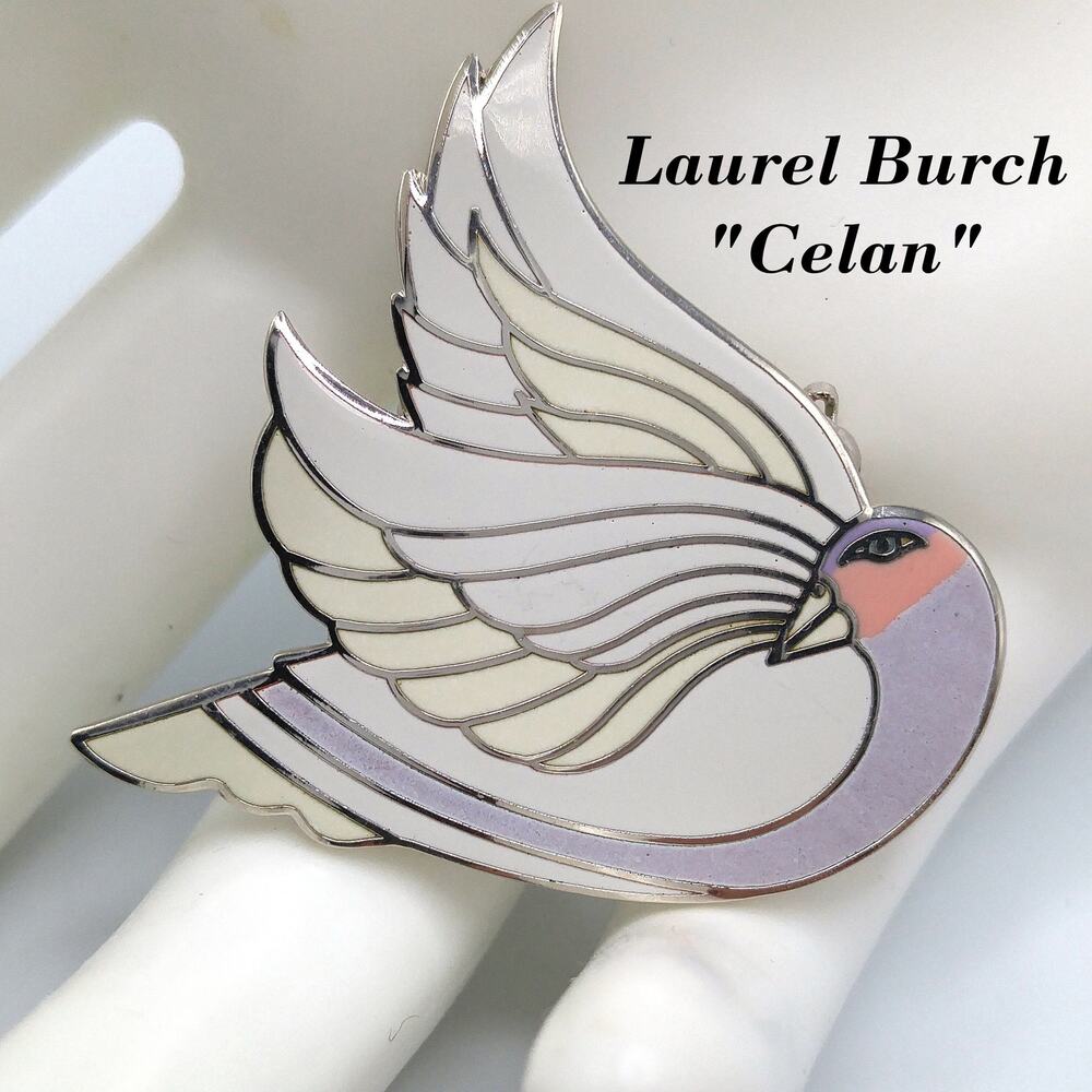 Laurel Burch "Celan" Bird Brooch, Rhodium Plated, White Lavender Enamel, Vintage